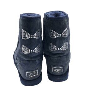 UGG Classic Short Crystal Bow Boots Blue Swarovski Pull On Shearling Suede Lined
